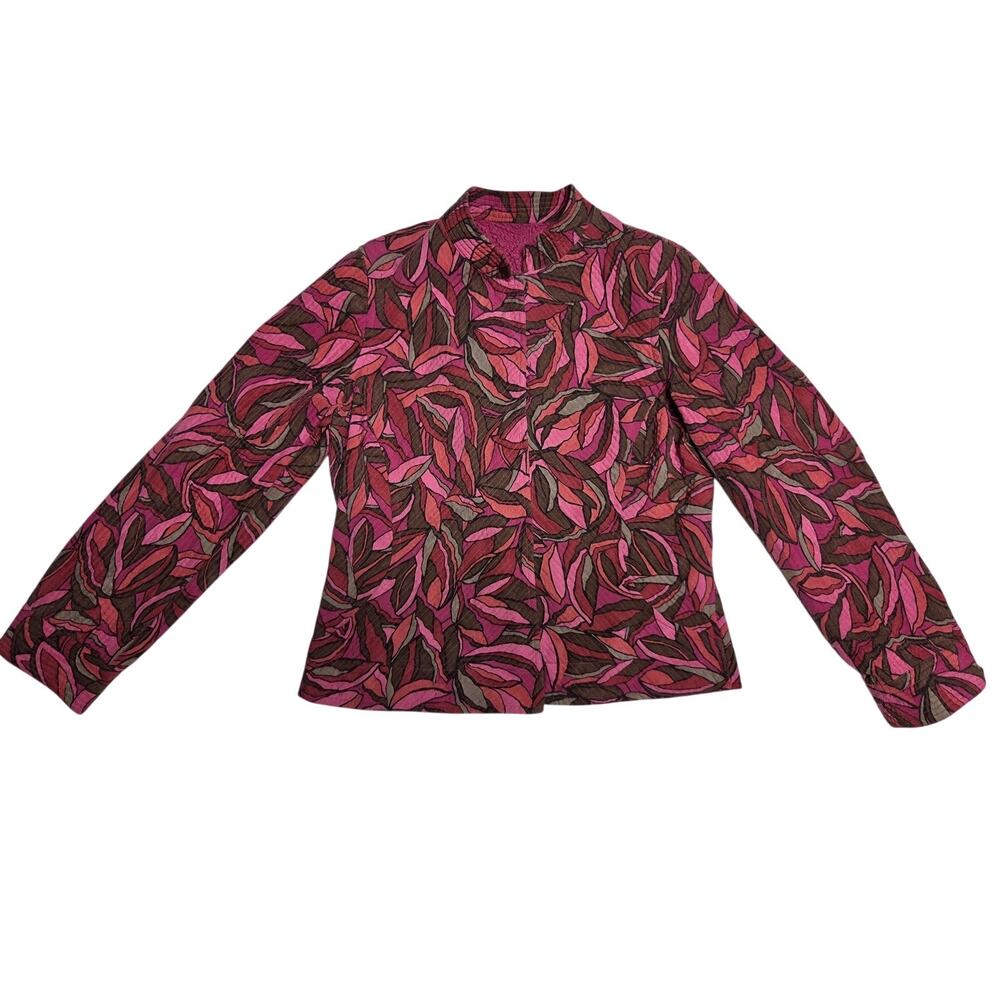 Pink Floral Leaf Print 100% Silk Quilted Jacket Women RN 67992